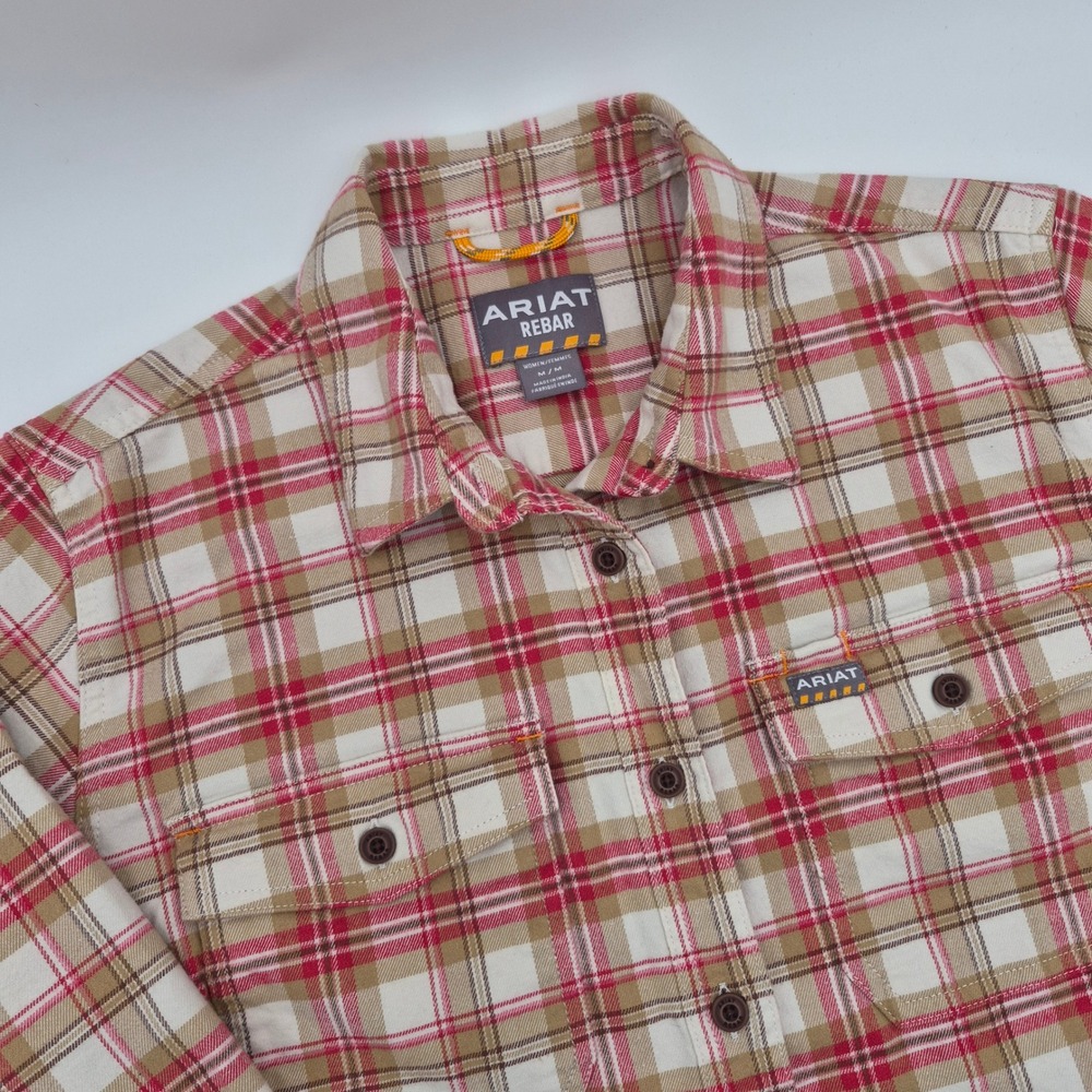 Ariat Rebar Womens Medium Red Tan Plaid Flannel Work Shirt Long Sleeve Button Up